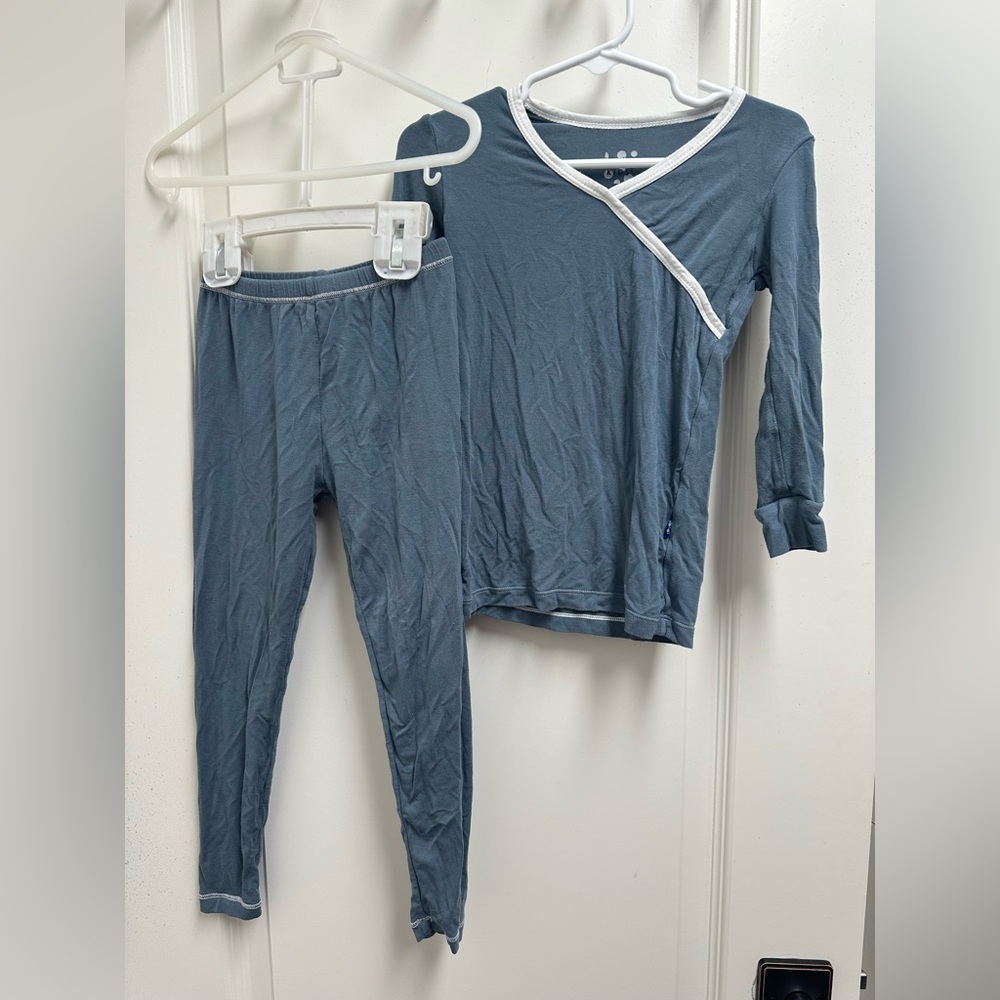 Toddler Unisex Kickee Pants Long Sleeve Pants Bamboo Panama Set SZ 4T Gray/White
